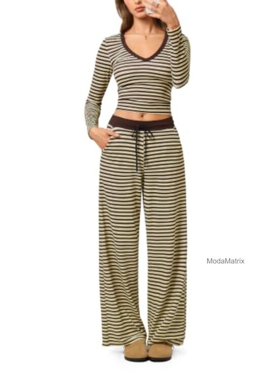 Other - Striped Lounge 2 Piece Set Button V-Neck Top Wide Leg Pants